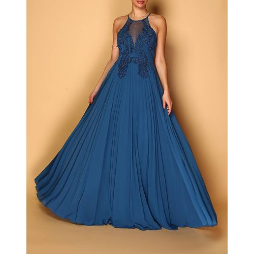 Robe Cérémonie Mariage Bleu Petrole Bas Plissé Taille 42