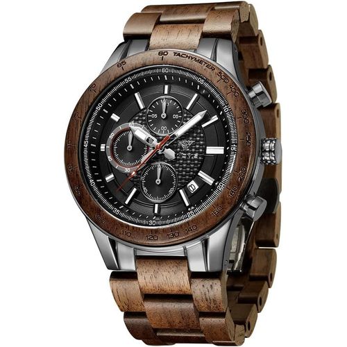 Ytseazn-Montre En Bois Et En Acier Inoxydable Pour Hommes,Chronographe 6 Cadrans Chronographe Quartz Loisirs Affaires Multifonction Montre En Bois Pour Hommes,Fait À La Main(Walnut Metal)