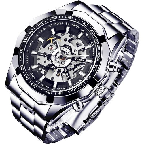 Ytseazn-Fashion Montre-Bracelet Homme Mode Squelette Mécanique Automatique Argent Noir Aiguilles Lumineuses Pour Hommes