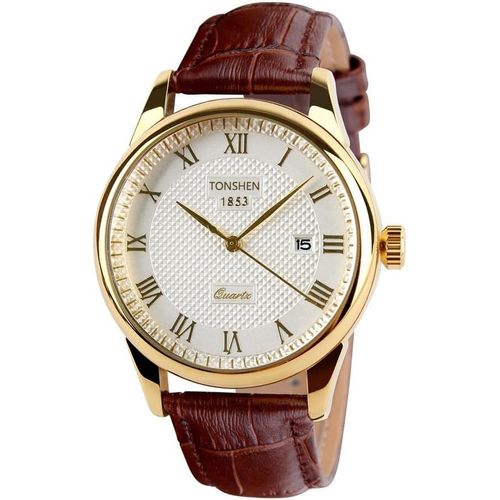 Ytseazn-Luxe Montres Bracelet Mode Analogique Quartz Montre Or Bordure Acier Inoxydable Et Marron Cuir Bande Romaine Numérique Cadran Classique Robe Montres Bracelet Simple Désign Date Calendrier