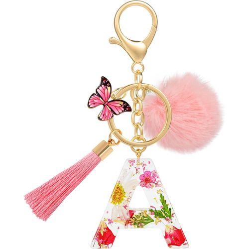 ytseazn-Porte Clé Lettre Avec Initiale,Porte Clef Alphabet Rose Avec Pendentif Pompon Tassel Papillon Pour Femmes Filles,Charme De Porte Clés En Résine Pour Clé De Voiture Sac À Main Décor