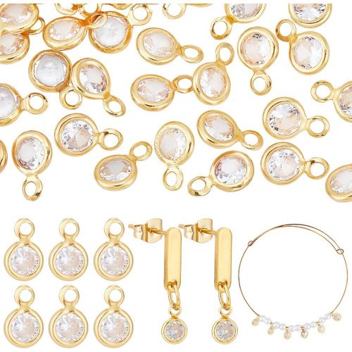 Ytseazn-50pcs Breloques En Zircone Cubique,18k Plaqué Or Rond Cristal Charme Pendentifs Laiton Cristal Pendentifs Avec Boucles Pour Collier Bracelet Boucles D'oreilles Fabrication De Bijoux