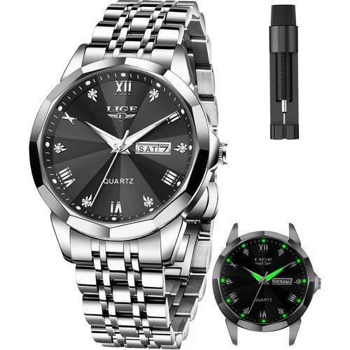 Ytseazn-Montre Homme,30m Etanche Acier Inoxydable Analogique Quartz Diamants Montres,Mode Affaires Montres Cadeau Lumineuses Date Grand Cadran Classique Élégant Pour Hommes