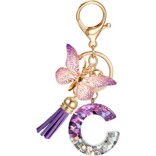 ytseazn-Porte-Clés Lettre Initiale,Porte-Clés Alphabet En Résine Violettes Pour Femme Filles Avec Pendentif Papillon Et Pompon,Sac À Main Sac À Dos Charme