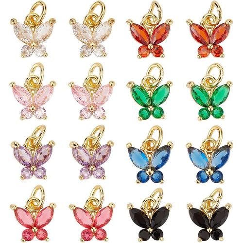 Ytseazn-16pcs Breloques Papillon Cubique 8 Couleurs Breloques En Cristal Breloques Plaqué Or Cubique Pendentifs Animaux Avec Laiton Anneaux De Saut 5mm Pour Fabrication De Bijoux Collier