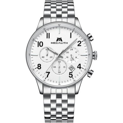 Ytseazn-Megalith Montre Homme Etanche Chronographe Analogique Montres Homme Blanc Argent Noir Avec Calendrier Date Montres Bracelet Acier Inoxydable Classique Mode