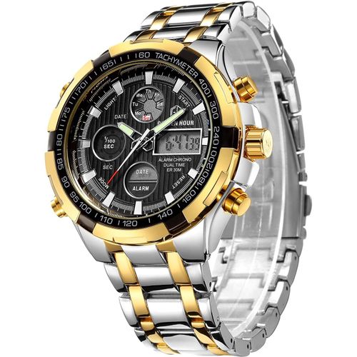 Ytseazn-Luxe Acier Inoxydable Analogique Numérique Montres Pour Hommes Hommes Sport De Plein Air Étanche Gros Bracelet