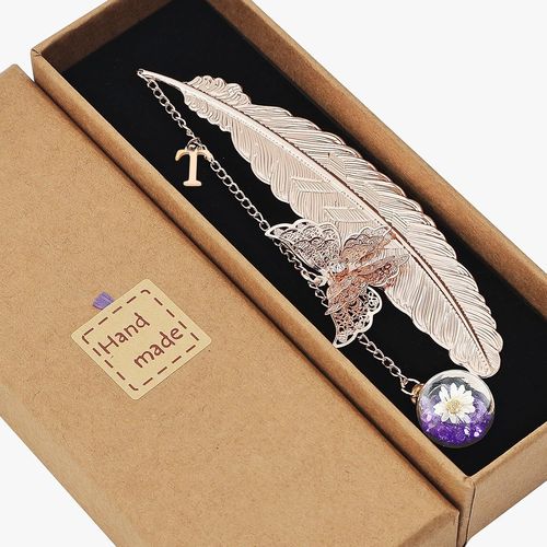 Ytseazn-Marque-Page Vintage Lettre Mignonne En Métal Avec Plume Et Fleur,Idées Cadeaux D'anniversaire Pour Les Amis Avec La Lettre T