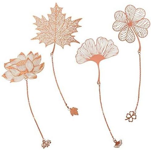 Ytseazn-Signets En Métal-Lot De 4-Signets Pour Femmes-Marque-Page Ajouré Avec Chaîne,Trèfle À Quatre Feuilles,Feuille D'almon,Feuille D'érable,Fleur De Lotus Pour Lecteurs,Enseignants Et Étudiants