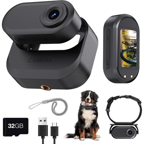 Ytseazn-Mini Caméra Portable 1080p Pour Corps/Sports/Animaux,Double Batterie Avec Magnétique Compartiment De Chargement De Batterie,Collier De Chien,Carte 32g(Noir)-Générique