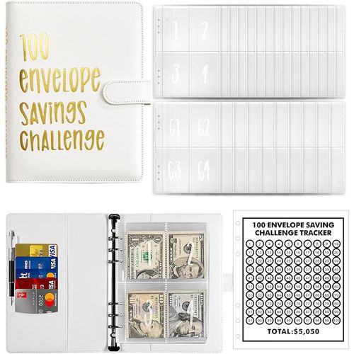 Ytseazn-Classeur Budget A5,Cahier Feuilles Mobiles A5 Enveloppe Budget Francais,Cuir Blanc Classeur Budget Planner,Pochette Budget Enveloppe Avec 100 Enveloppes,Pour Maison,L'école Et Bureau