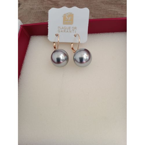 Boucles D'Oreilles Dormeuses En Plaqué Or Et Perles Majorque Grises Diamètre 1 Cm