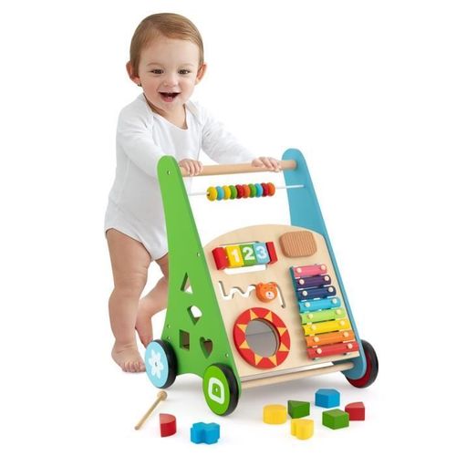 COSTWAY 7 en 1 Trotteur pour Bébés en Bois avec Boîte de Rangement, 8 Blocs et 1 Maillet, Multifonctionnel, Jouet Montessori, 1 An+