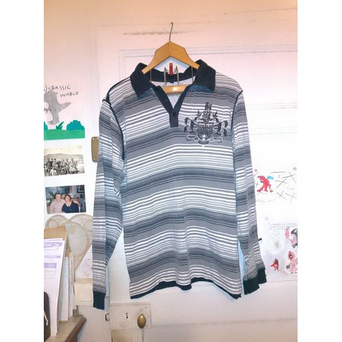 Polo Rayé Blanc Traits Noirs/Gris Xl Vintage Années 90 Rivaldi.