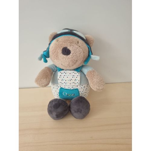 Doudou Ours Oscar Aviateur Bleu Gris Sauthon