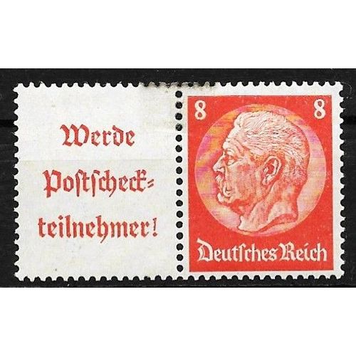 Allemagne, 3ème Reich 1933 / 36, Beau Timbre Neuf* Yvert 488, Maréchal Hindenburg 8pf. Orange Avec Vignette Publicitaire Pour Les Chèques Postaux, Filigrane Croix Gammées.
