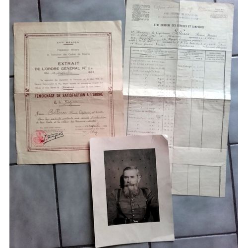 14-18 : Lot De 3 Documents Du Capitaine Pellorce (Photo, État Général Des Services, Témoignage De Satisfaction)