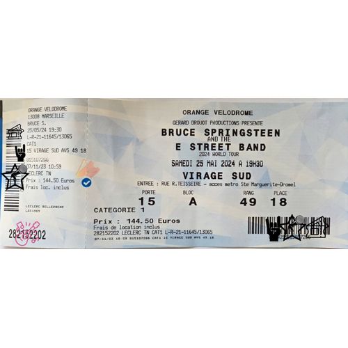 Billets Papier : Bruce Springsteen Marseille 31/05/2025 2 Places Catégorie 1. Concert Qui Avait Été Annulé Le 25/05/24 Mais Toujours Valables . Achat 144.50 € Vendu 130 € Soit 260 € Les 2 Billets