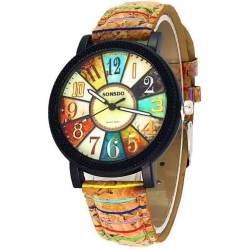 Shiba-Nouveauté Montre Femme Multicolore, Cadran Multicolore Gros Chiffres, Style Bohème Vintage, Bracelet En Cuir Coloré[38]