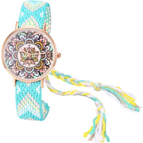 Shiba-Montre Femme Bracelet Tissu: Montre Bracelet Corde Tressée Fantaisie Analogique Quartz Avec Motif Floral Coloré Vive Gros Ca[3