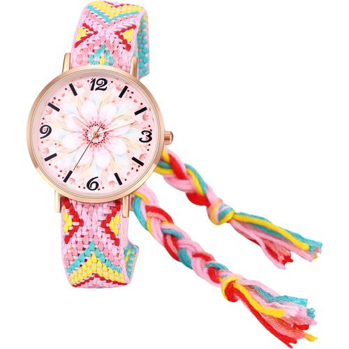 Shiba-Montre Femme Bracelet Tissu: Montre Bracelet Corde Tressée Fantaisie Analogique Quartz Avec Motif Floral Coloré Vive Gros Ca[3