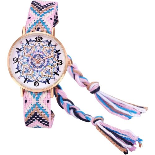 Shiba-Montre Femme Bracelet Tissu: Montre Bracelet Corde Tressée Fantaisie Analogique Quartz Avec Motif Floral Coloré Vive Gros Ca[3