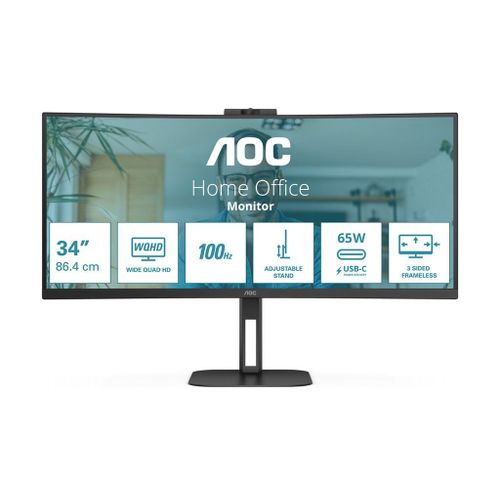 AOC Value-line CU34V5C/BK - V5 series - écran LED - incurvé - 34" - 3440 x 1440 WQHD @ 100 Hz - VA - 300 cd/m² - 3000:1 - 4 ms - HDMI, DisplayPort, USB-C - haut-parleurs - noir mat