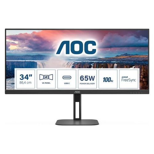 AOC Value-line U34V5C/BK - V5 series - écran LED - 34" - 3440 x 1440 WQHD @ 100 Hz - VA - 300 cd/m² - 4000:1 - 4 ms - HDMI, DisplayPort, USB-C - haut-parleurs - noir mat