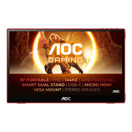 AOC Gaming 16G3 - Écran LED - 15.6" - portable - 1920 x 1080 Full HD (1080p) @ 144 Hz - IPS - 250 cd/m² - 1000:1 - 4 ms - HDMI, Micro HDMI, USB-C - haut-parleurs - noir, rouge