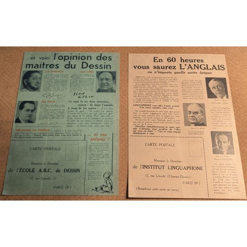 Lot De 2 Publicités : Ecole Abc De Dessin Et Institut Linguaphone