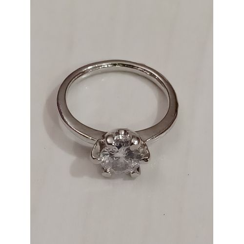 Bague Métal Argenté,Anneau Simple,Pierre Ronde,Strass Transparent ,Taille 15.92 Mm