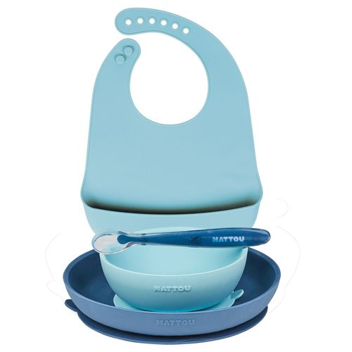 Coffret Repas Avec Bavoir Bleu Silicone