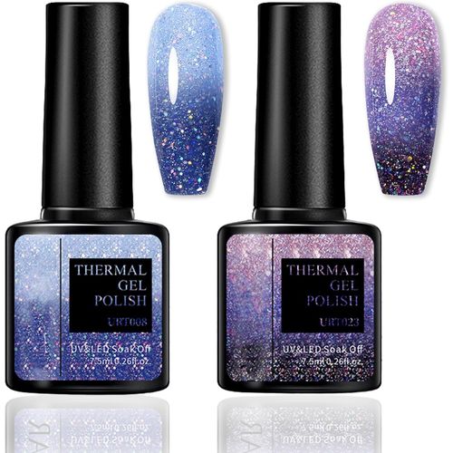 Trahoo-Lot De 2 Vernis ¿¿ Ongles En Gel Uv ¿¿ Changement De Couleur - Changement De Temp¿¿Rature Avec Effet Scintillant - Bleu Et Violet - Changement De Couleur - Vernis ¿¿ Ongles Soak Off Uv Led - Verni 