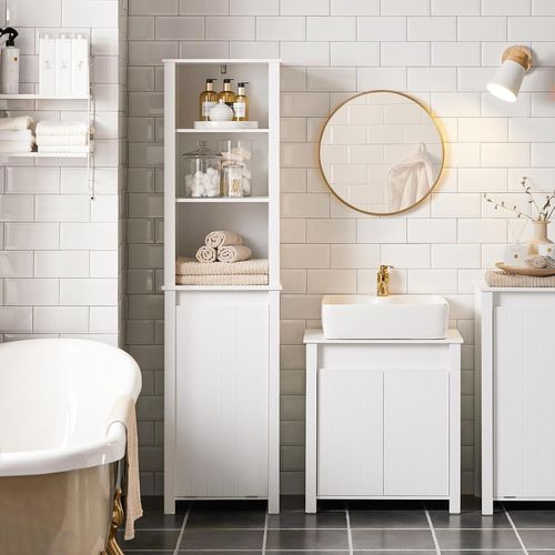 SoBuy BZR102-W Meuble Colonne de Salle de Bain, Armoire Haute, Colonne de Rangement, Meuble Salle de Bain, 3 Étagères, 1 Panier à Linge Amovible