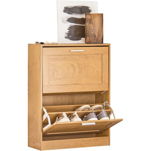 Sobuy Fsr137-N Meuble À Chaussures Meuble D'entrée, Meuble De Rangement À Chaussures Avec 2 Abattants Pour Entrée Couloir ? 60x23x79 Cm, Bois Clair
