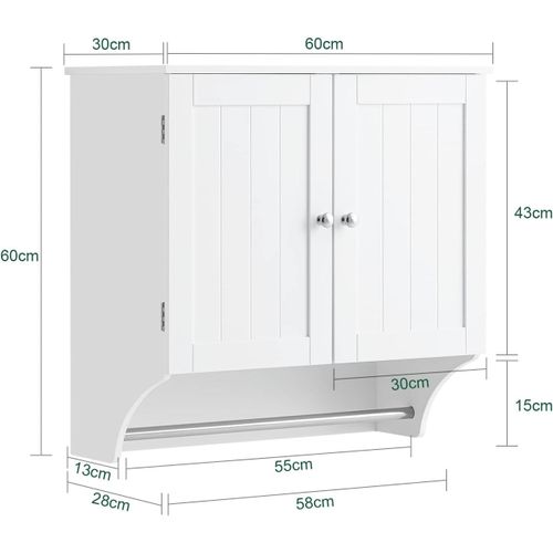 Sobuy Bzr84-W Meuble Haut De Salle De Bain, Armoire Haute Murale, 2 Portes, Avec 2 Étagères Réglables, Porte-Serviettes