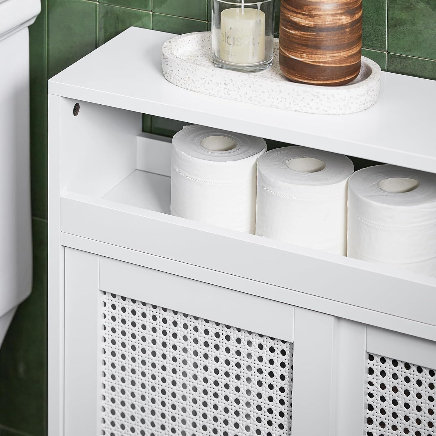 Sobuy Bzr119-W Armoire Wc Toilettes Compact Roulante, Meuble Salle De Bain, Support Papier Toilette Avec 2 Portes Coulissantes En Ploy Rotin