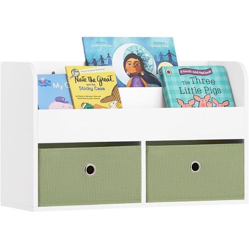 Sobuy Kmb81-W Étagères De Rangement Suspendue, Bibliothèque Murale, Étagère Murale Pour Jouets À 2 Niveaux Avec 2 Boîtes De Rangement, Blanc Et Vert