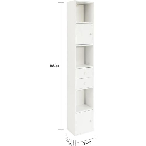 Sobuy Str10-W Bibliothèque Étagère Sur Pied Meuble Colonne Classeur Armoire Haute Pour Bureau, Salon, Chambre Avec 2portes Et 2 Tiroirs Blanc