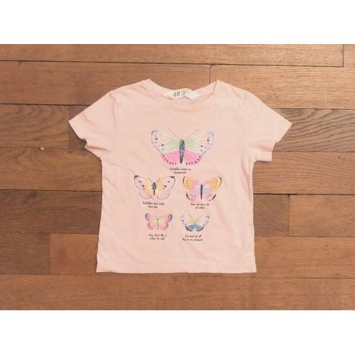 Tee Shirt En Coton Rose Pastel Avec 5 Papillons Multicolores- 18/24 Mois- H&ampm