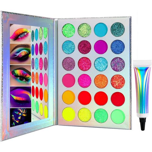 Ytseazn-Palette Maquillage Yeux Fard À Paupière Fluo Coloré +Apprêt Pour Les Ombres À Paupières,Uv Balcklight Eyeshadow Palette Matte Neonglitter,Rouge Violet Vert Maquillage Fete Femme Palette 