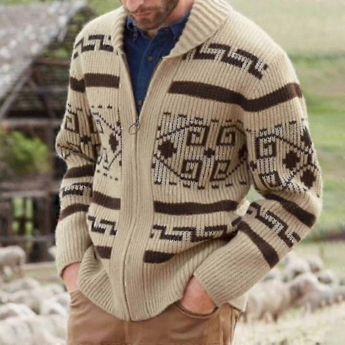 Homme Khaki Zip Cardigan Jacquard Tricoté Pull Automne/Hiver Vêtements Chauds