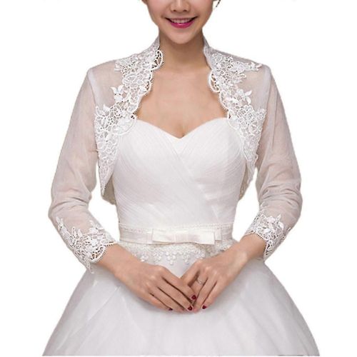 Femmes 3/4 Manches Mariage Pour Veste Cape Broderie Floral Dentelle Trim Wrap Shrug Bolero Soirée Mariée Capelet Cardigan