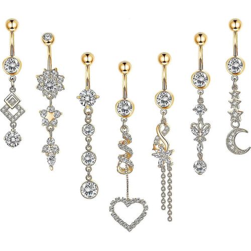 7pcs 14g Nombril Anneaux Dangle 316l Acier Chirurgical Cz Nombril Anneau Barre Pour Femmes Corps Piercing Bijoux Argent / Or / Or Rose