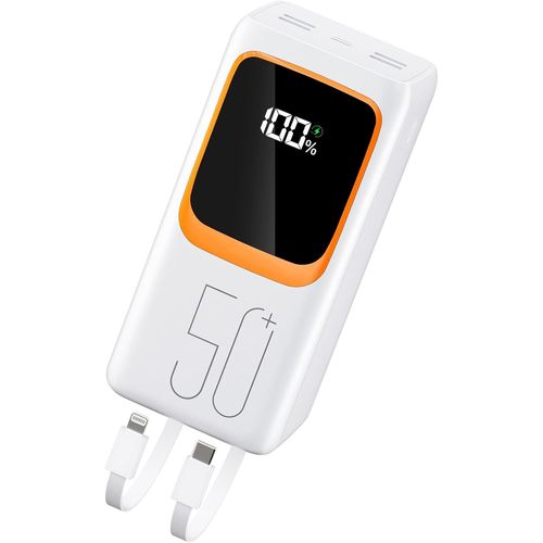 Mondodigitale-Power Bank De 50000 Mah Avec Câble Intégré : Batterie Externe De Charge Rapide De 22,5 W Avec Grande Capacité, Chargeur Portable Avec Lampe De Poche Led Et 7 Sorties Et 3 Entrées.