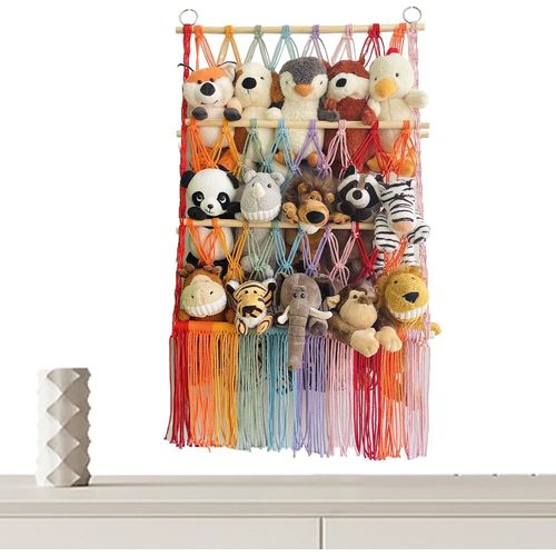 Range-Peluches, Filet À Jouets À Trois Niveaux Avec Pompons, Rangement Et Organisation Pour Chambre De Fille Et D'enfant