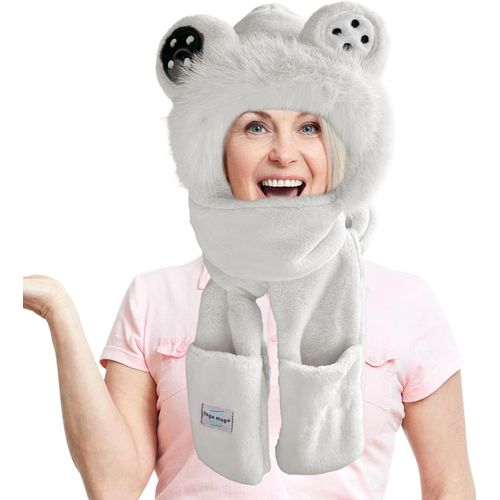 Écharpe À Capuche Avec Moufles | Écharpe D'hiver Pour Femme Avec Capuche Et Motif Ours Mignon | Bonnet Et Protection Auditive Pour Le Froid, Idéal Pour Les Déplacements Et Le Camping