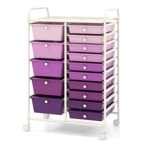 Tour De Rangement À Roulettes Costway-15 Tiroirs Amovibles-4 Roues (2 Avec Frein)-63 X 37 X 87 Cm-Format A4 Et Lettre-Violet