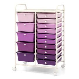 Tour De Rangement À Roulettes Costway-15 Tiroirs Amovibles-4 Roues (2 Avec Frein)-63 X 37 X 87 Cm-Format A4 Et Lettre-Violet
