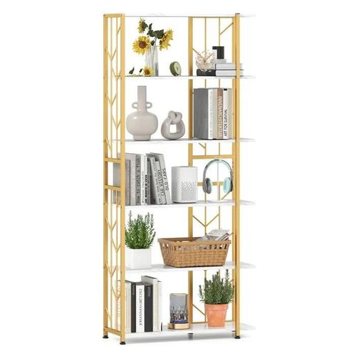 Costway Bibliothèque Géométrique 180 Cm À 6 Étagères, Cadre En Métal, 2 Kits Anti-Basculement, Pour Salon Chambre Bureau, Blanc